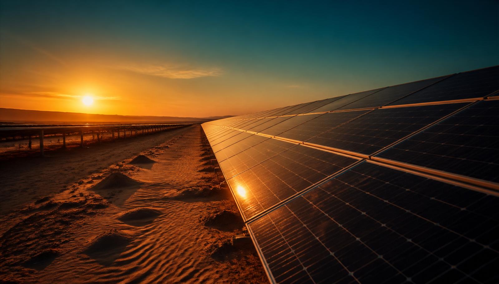 Solar panels catching the low desert sun