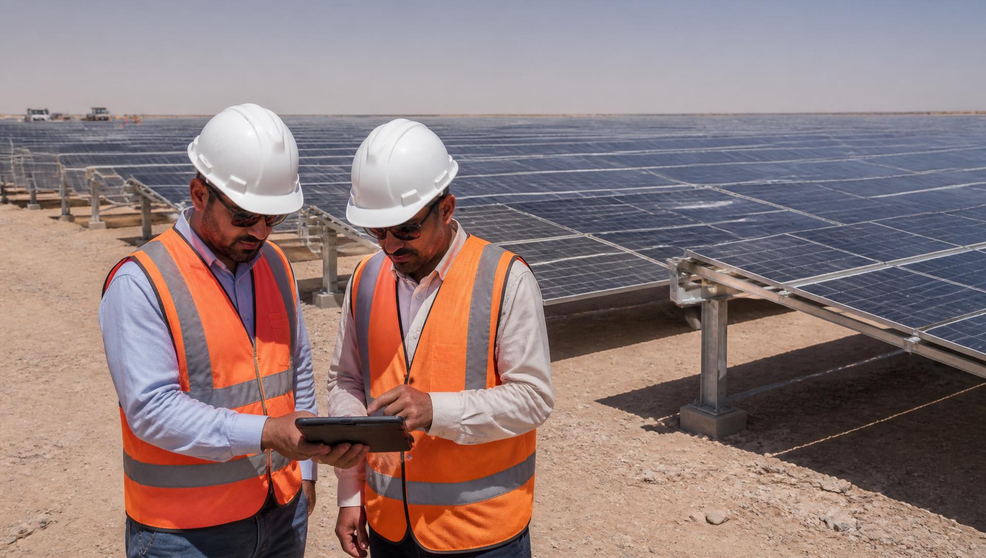 Engineers on a utility-scale solar construction site